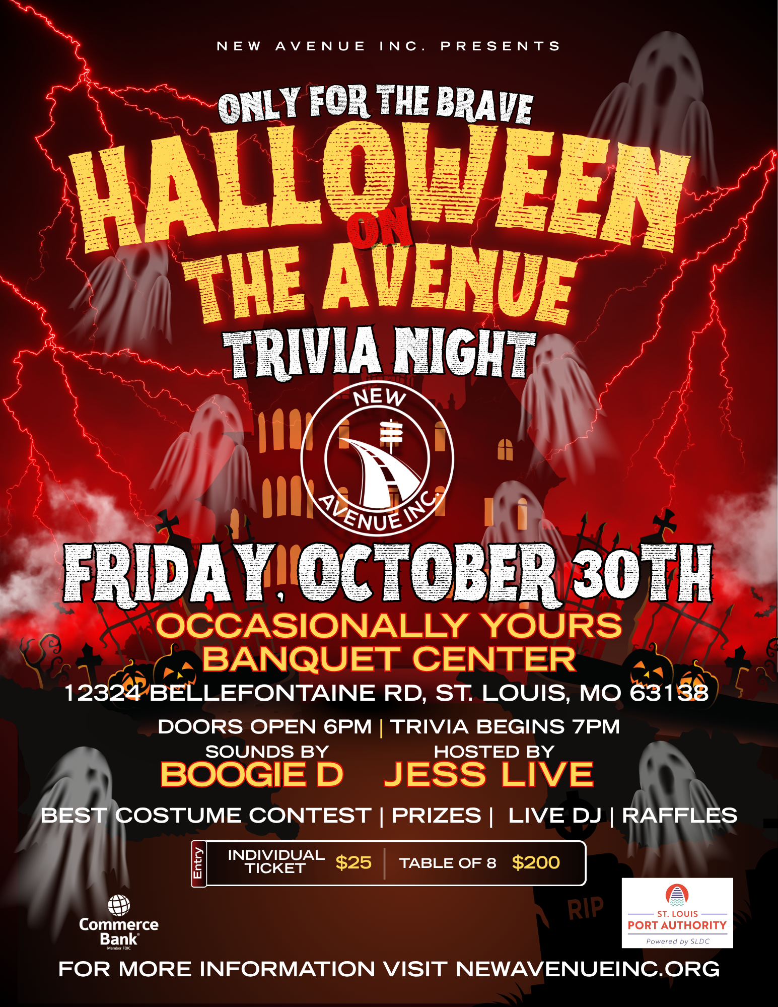 Halloween on the Avenue Trivia Night flyer — Friday, October 30th at Occasionally Yours Banquet Center, 12324 Bellefontaine Rd, St. Louis, MO. Doors open 6 PM, trivia begins 7 PM. Sounds by Boogie D, hosted by Jess Live. Best costume contest, prizes, live DJ, raffles. Individual ticket $25, table of 8 $200.