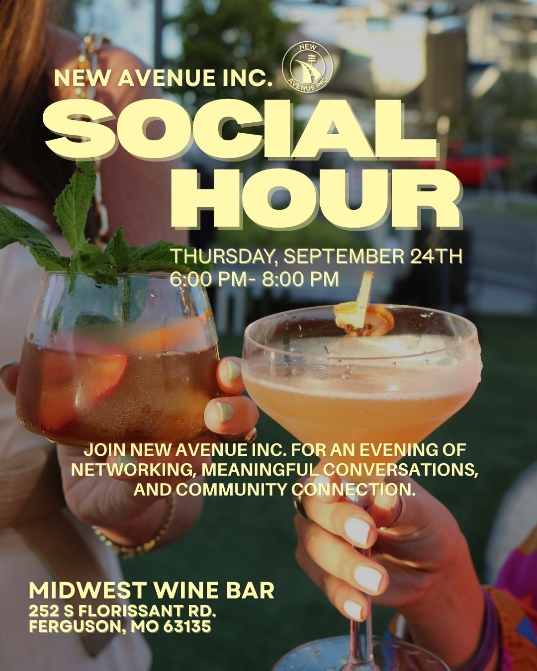 New Avenue Inc. Social Hour flyer — Thursday, September 24th, 6:00 PM to 8:00 PM at Midwest Wine Bar, 252 S Florissant Rd, Ferguson, MO