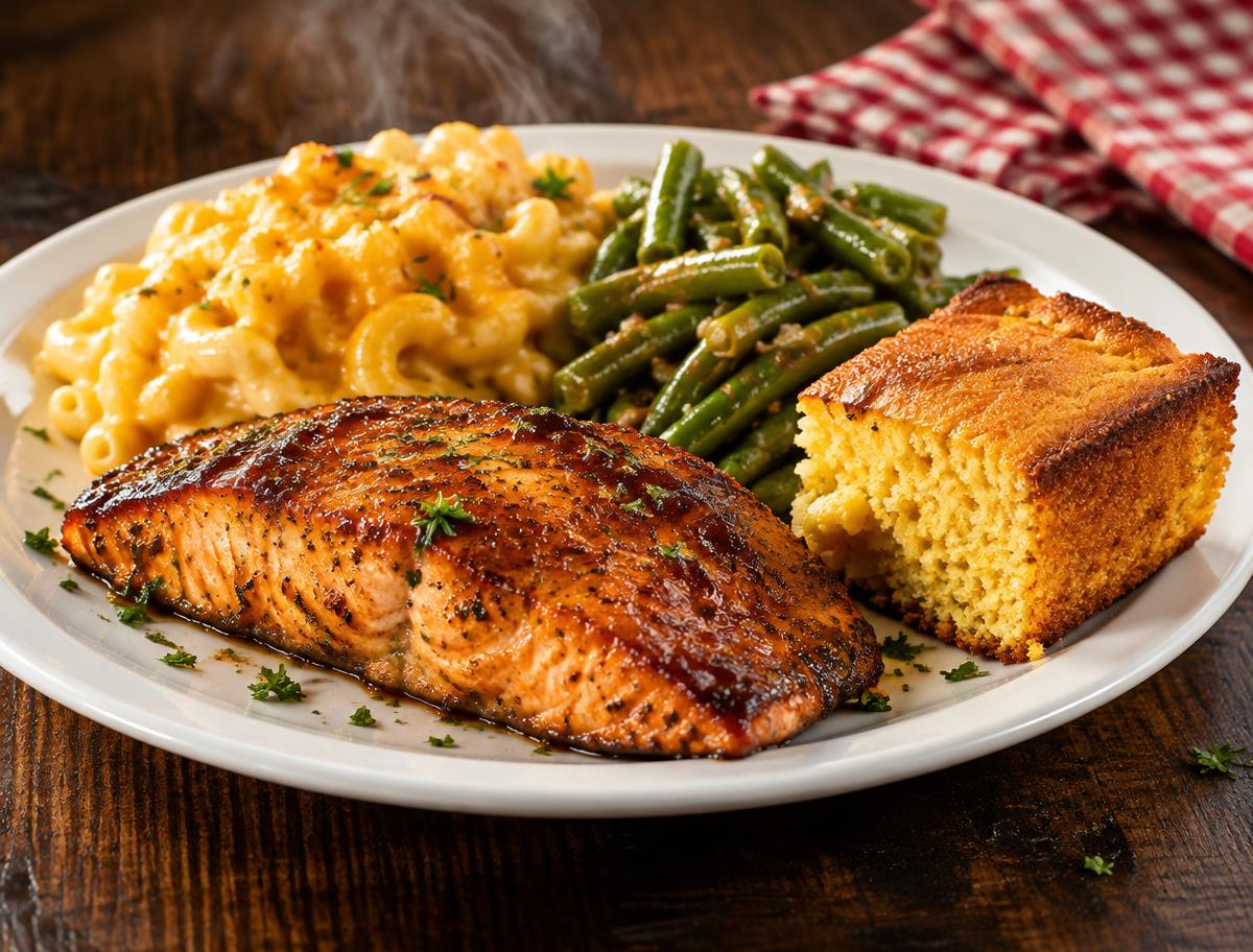 A flavorful Food Fetish meal of glazed salmon, macaroni and cheese, green beans, and cornbread