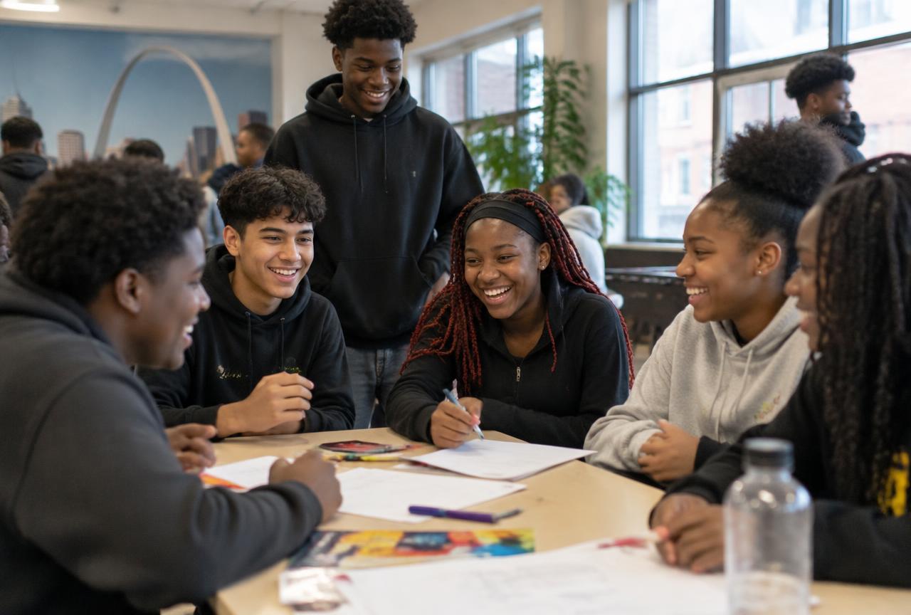 Youth laughing and working together around a table during a New Avenue school-break camp