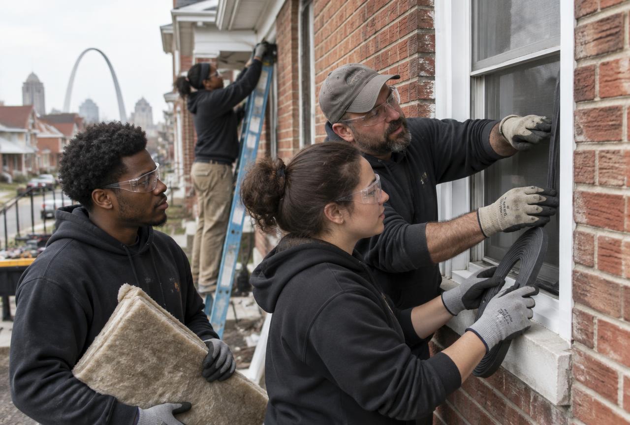 Trainees installing weatherstripping on a brick home during a weatherization training project